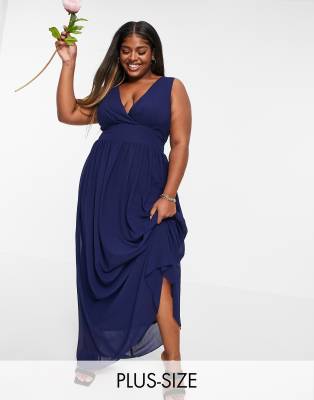 TFNC Plus Bridesmaid top wrap chiffon dress in navy - ASOS Price Checker