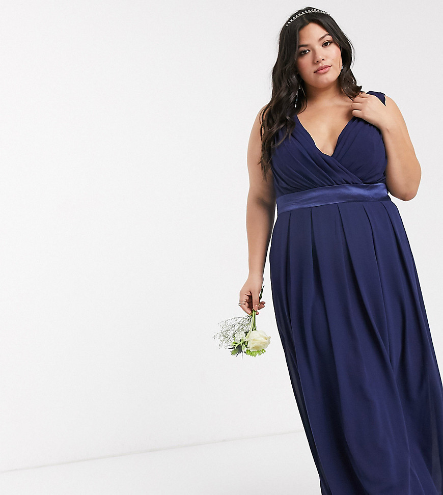 TFNC Plus bridesmaid wrap front bow back maxi dress in navy-Blue