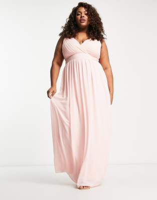 Shop Tfnc Plus Bridesmaid Wrap Front Chiffon Maxi Dress With Embellished Shoulder Detail In Whisper Pink