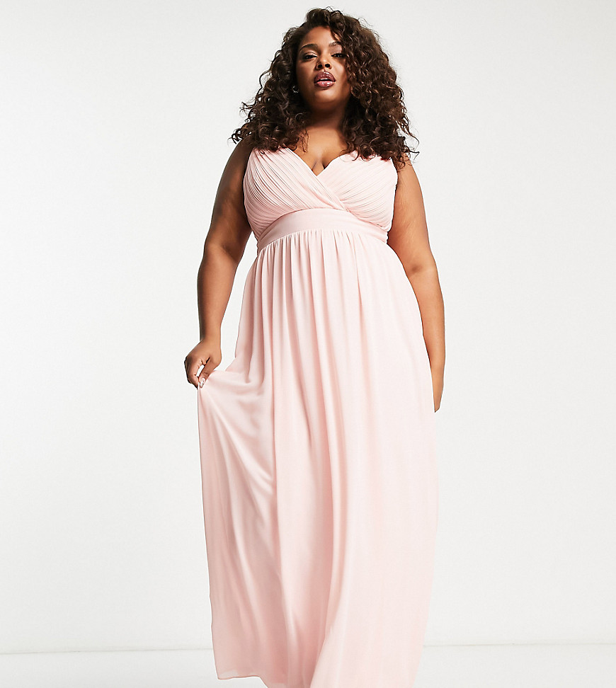 Bridesmaid wrap front chiffon maxi dress with embellished shoulder detail in whisper pink