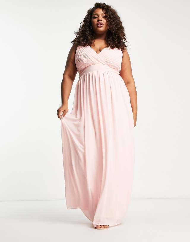 TFNC Plus Bridesmaid wrap front chiffon maxi dress with embellished shoulder detail in whisper pink