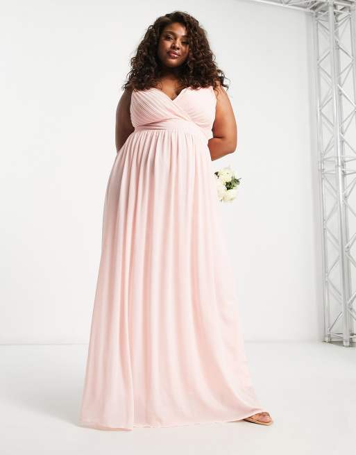 ASOS DESIGN satin corset premium bandeau mesh ruffle maxi dress in dusty  pink