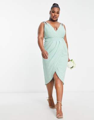 TFNC Plus Bridesmaid wrap front chiffon midi dress with embellished shoulder detail in sage green-Brown