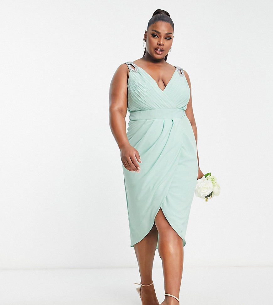 TFNC Plus Bridesmaid wrap front chiffon midi dress with embellished shoulder detail in sage green-Br