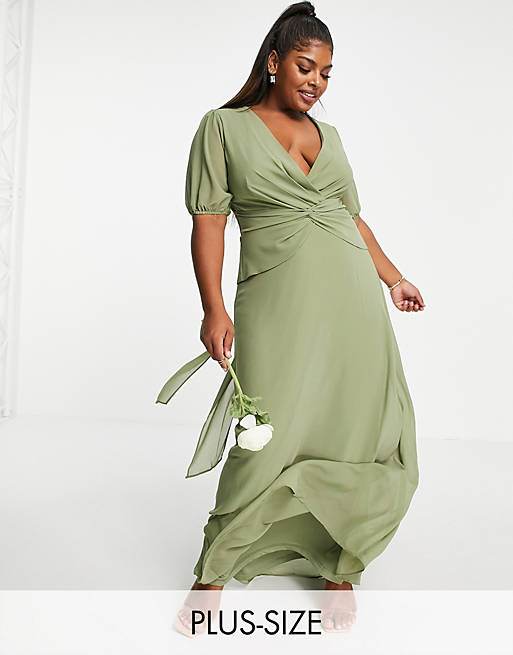 TFNC Plus Bridesmaid wrap front maxi dress in dusky green