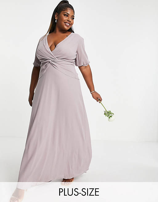TFNC Plus Bridesmaid wrap front maxi dress in light grey