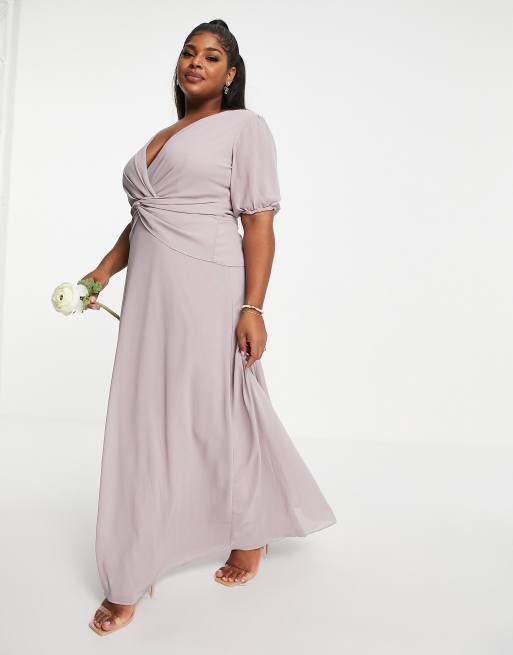 TFNC Plus Bridesmaid wrap front maxi dress in light grey