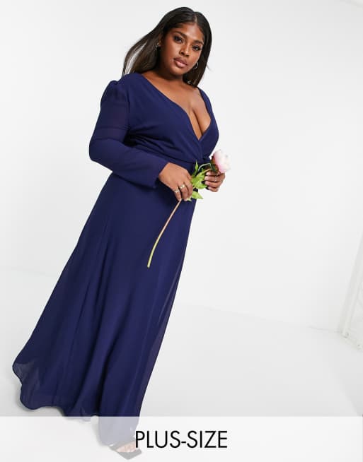 TFNC Plus Bridesmaid wrap front maxi dress with back detail in navy