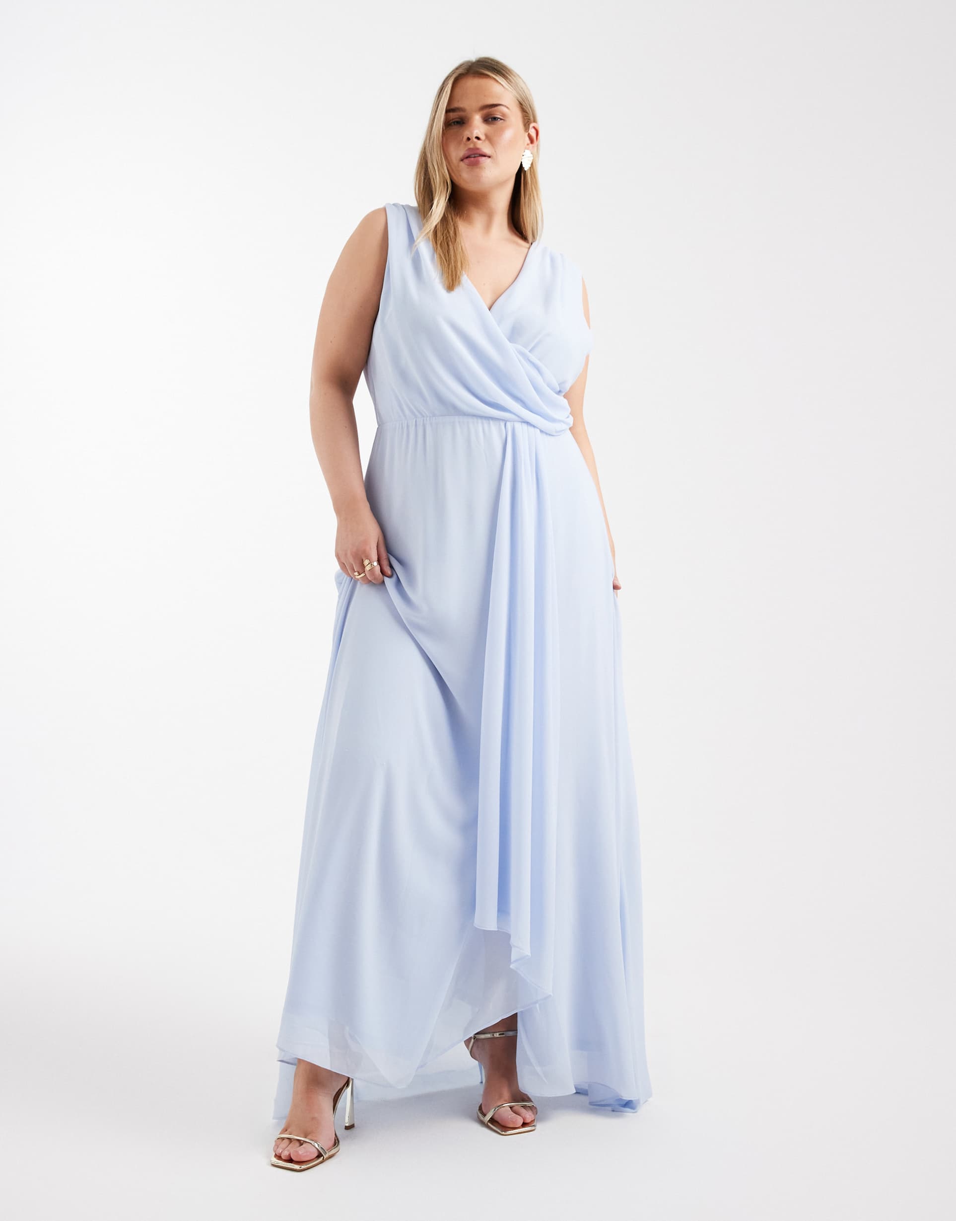 tfnc plus bridesmaid yida chiffon wrap top draped maxi dress in powder blue