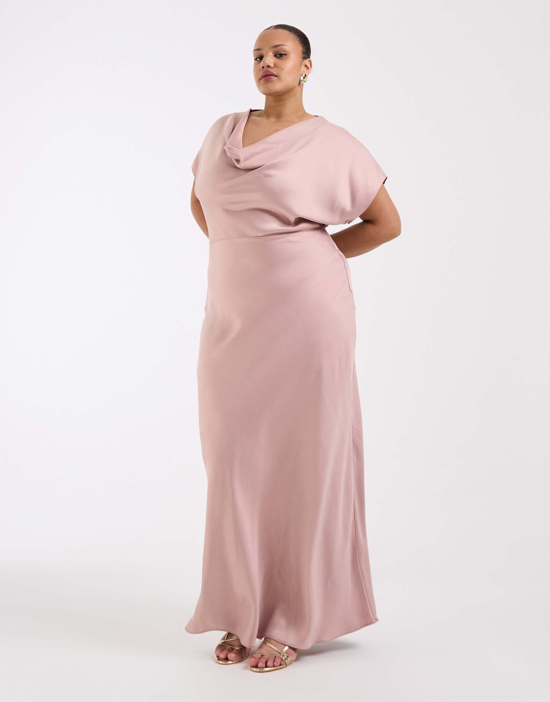 tfnc plus bridesmaids cap sleeve satin maxi dress in dusty pink