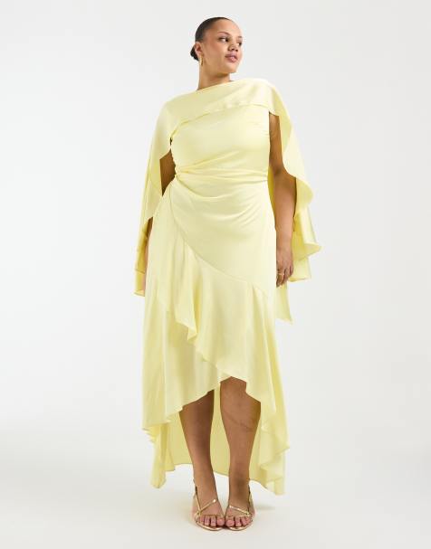 TFNC Plus Bridesmaids cape detail satin bodice maxi dress in yellow