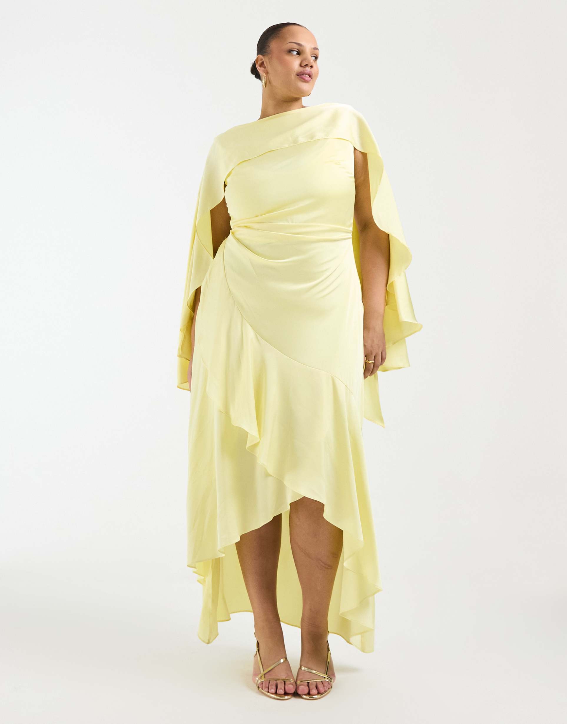 tfnc plus bridesmaids cape detail satin bodice maxi dress in yellow