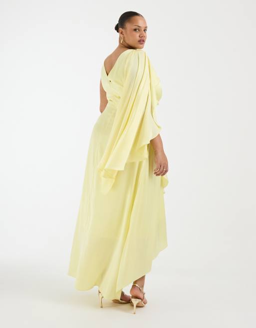 TFNC Plus Bridesmaids cape detail satin bodice maxi dress in yellow, 2 of 4
