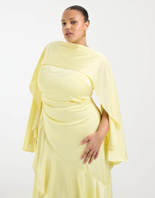 TFNC Plus Bridesmaids cape detail satin bodice maxi dress in yellow, 3 of 4