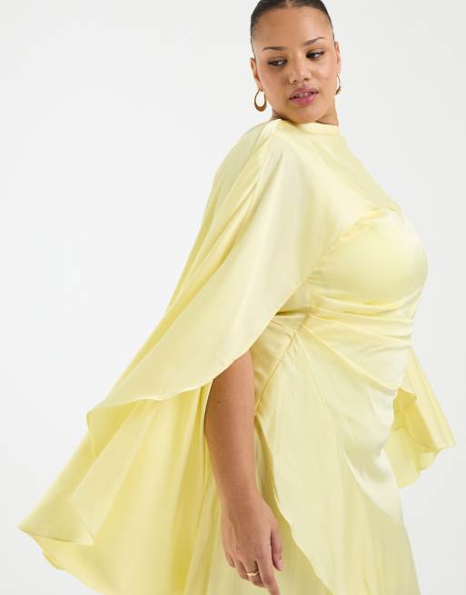TFNC Plus Bridesmaids cape detail satin bodice maxi dress in yellow, 4 of 4