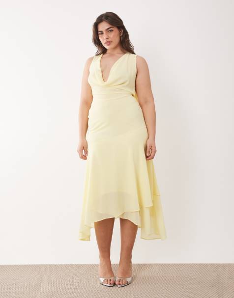TFNC Plus Bridesmaids chiffon cowl neck scarf detail midi dress in lemon - view 1