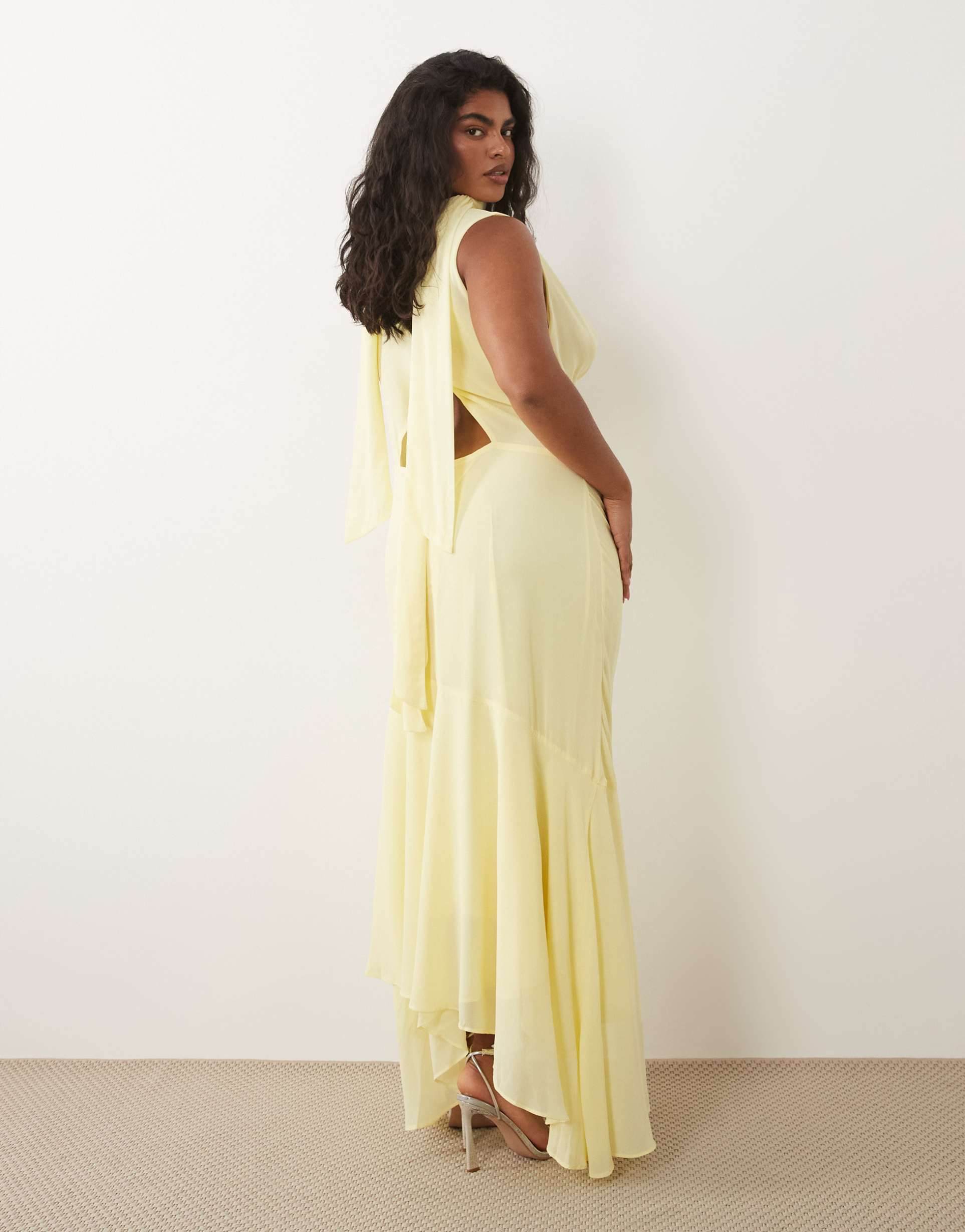 tfnc plus bridesmaids chiffon cowl neck scarf detailing midi dress in lemon