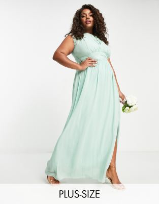 Tfnc Plus Bridesmaids Chiffon Maxi Dress With Lace Detail In Sage-brown