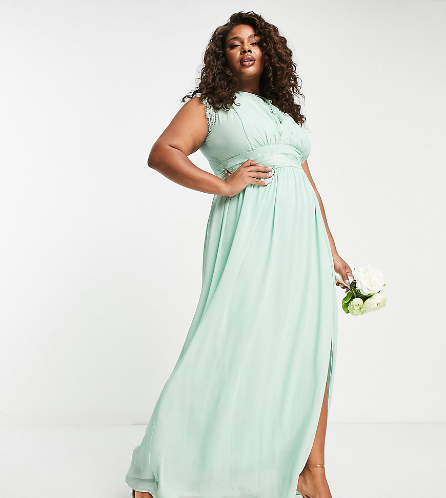 Tfnc Plus Bridesmaids Chiffon Maxi Dress With Lace Detail In Sage-brown