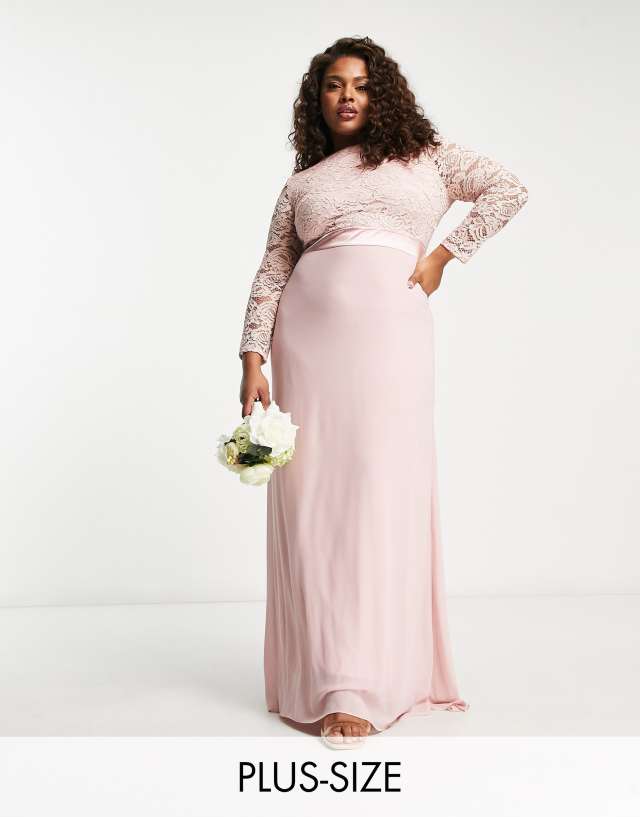 TFNC Plus Bridesmaids chiffon maxi dress with lace scalloped back and long sleeves in mauve