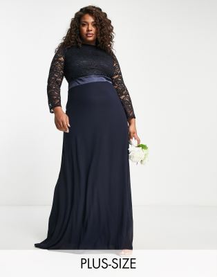 TFNC Plus Bridesmaids chiffon maxi dress with lace scalloped back and long sleeves in navy