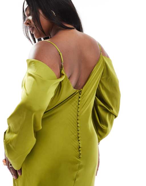 TFNC Plus Bridesmaids cowl neck cold shoulder maxi dress with ruched sleeves in olive