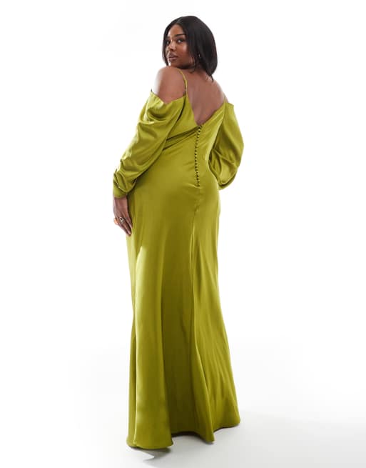 TFNC Plus Bridesmaids cowl neck cold shoulder maxi dress with ruched sleeves in olive