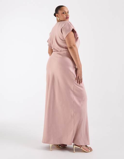 TFNC Plus Bridesmaids cowl neck satin maxi dress in dusty pink, 2 of 4