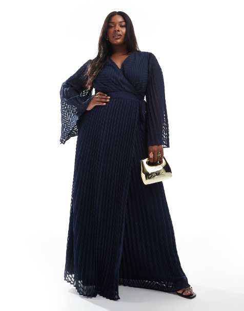 TFNC Plus Bridesmaids jacquard pleated wrap maxi dress in navy
