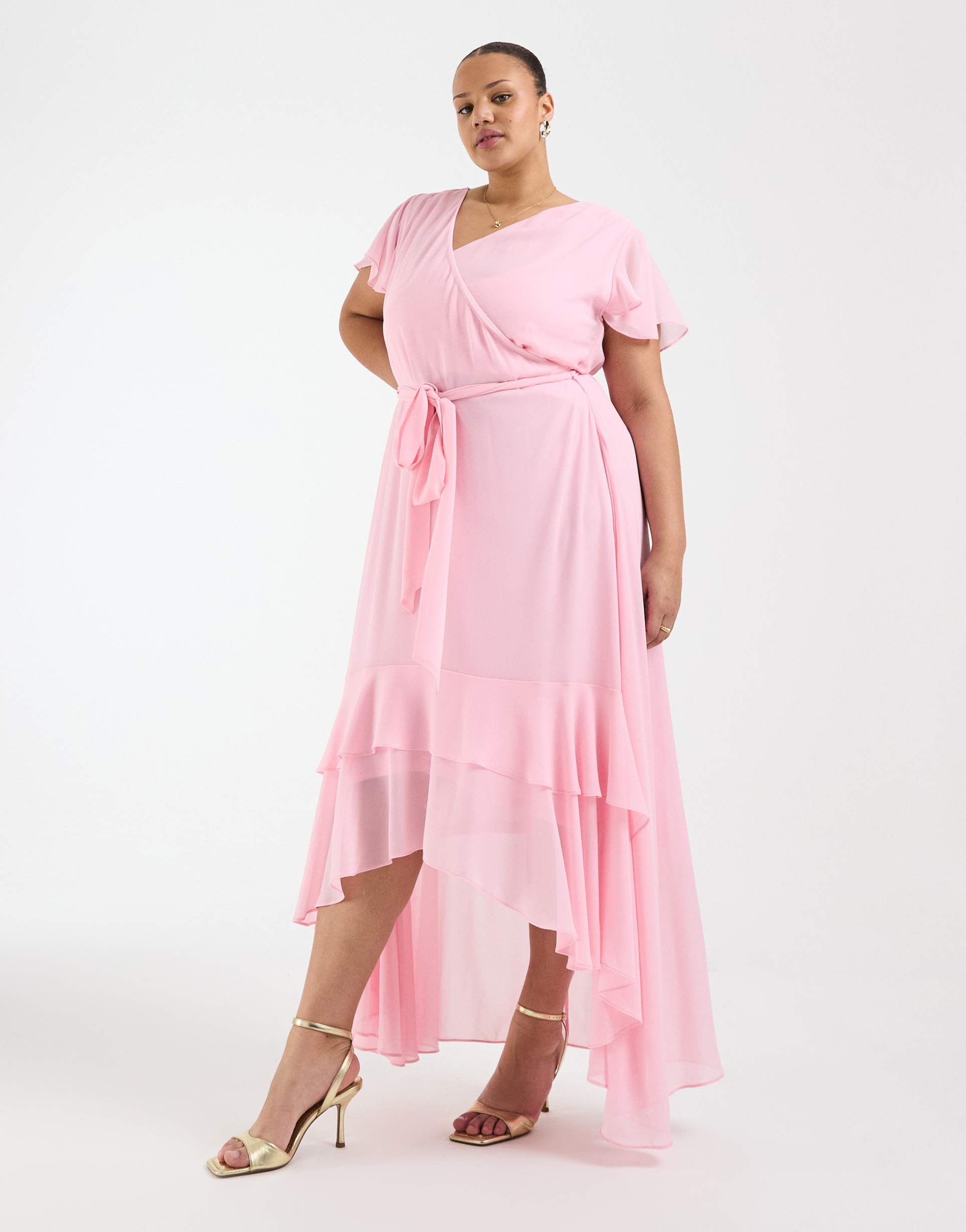 tfnc plus bridesmaids hi-lo frilly chiffon maxi dress in pink