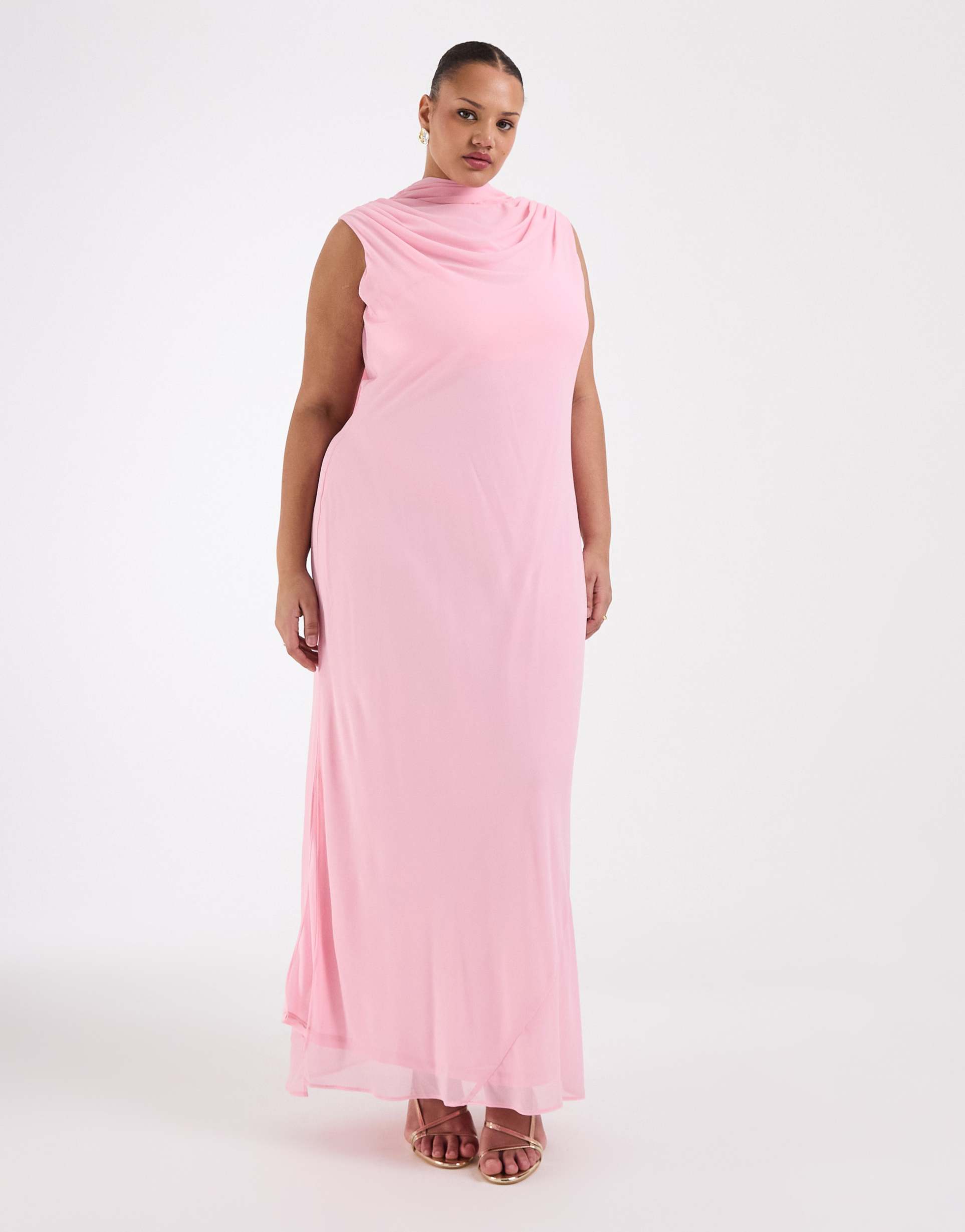 tfnc plus bridesmaids high neck chiffon maxi dress with scarf in pink