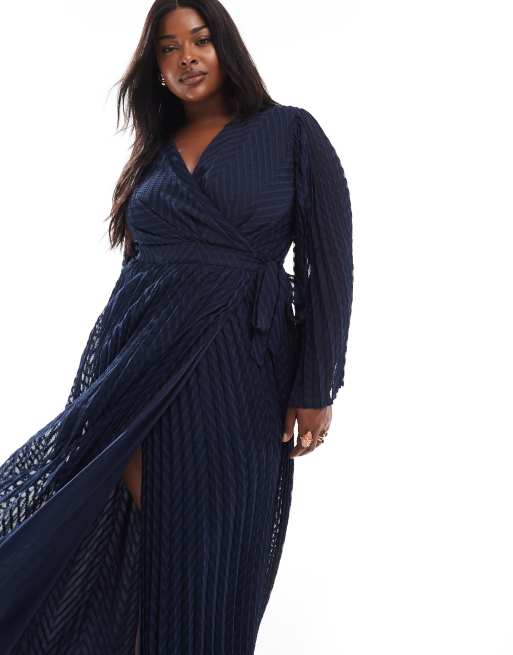 TFNC Plus Bridesmaids jacquard pleated wrap maxi dress in navy