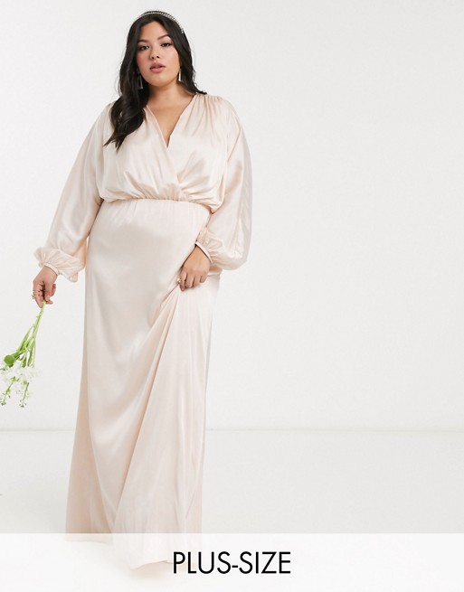 TFNC Plus bridesmaids long sleeve sateen maxi dress in light blush