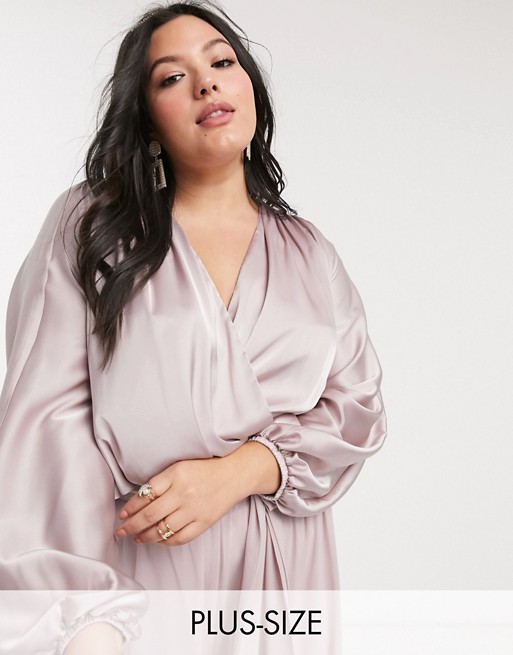 TFNC Plus bridesmaids long sleeve sateen wrap front top in pink