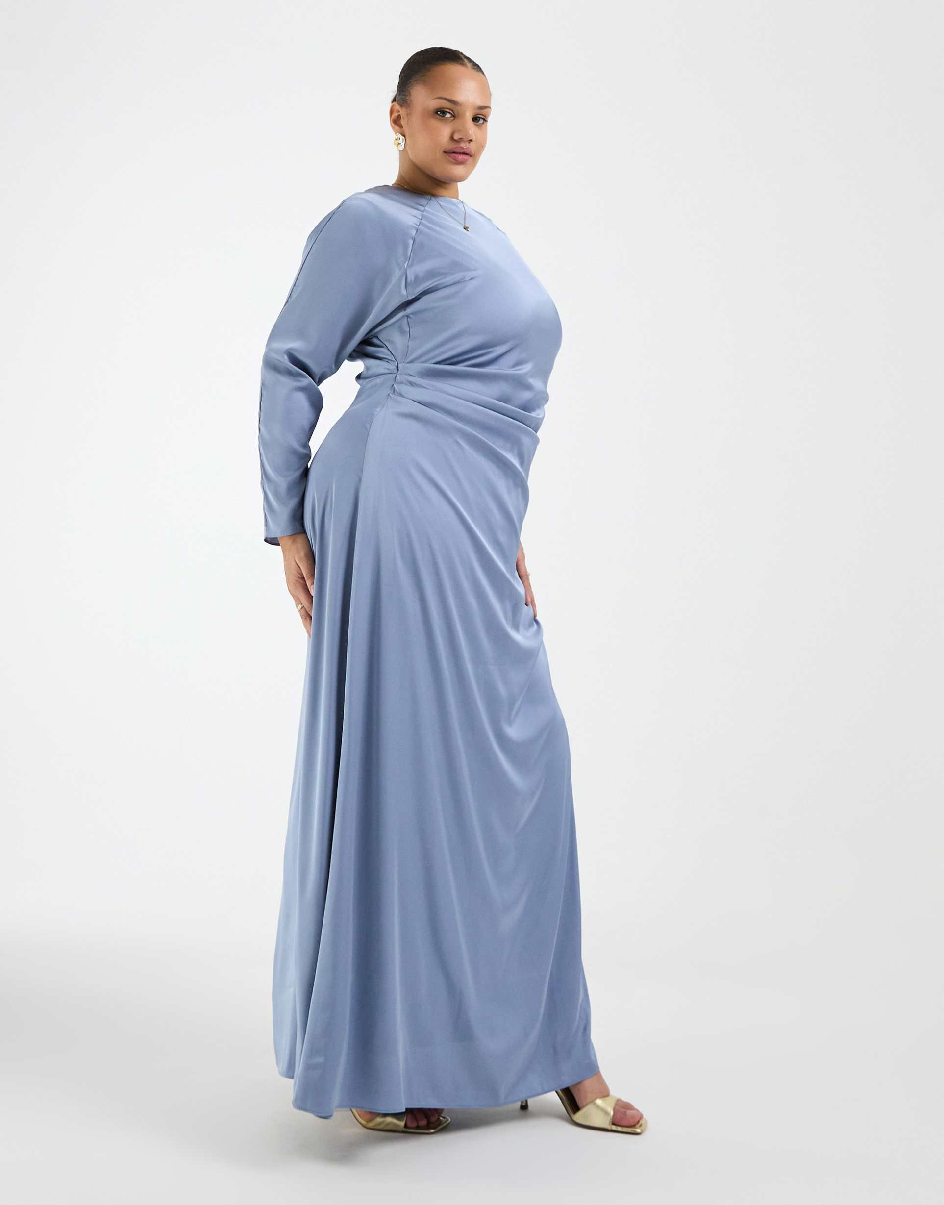 tfnc plus bridesmaids long sleeve satin maxi dress in dusty blue