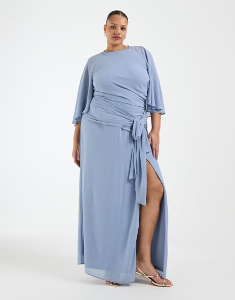 TFNC Plus – Bridesmaids – Maxikleid aus Chiffon in Staubblau mit Flatterärmeln, Bindedetail und Schlitz bis zum Oberschenkel - view 1