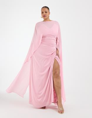 Tfnc Plus Bridesmaids Satin Cape Detail Maxi Dress In Pink