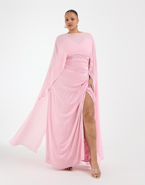 TFNC Plus Bridesmaids satin cape detail maxi dress in pink - view 1