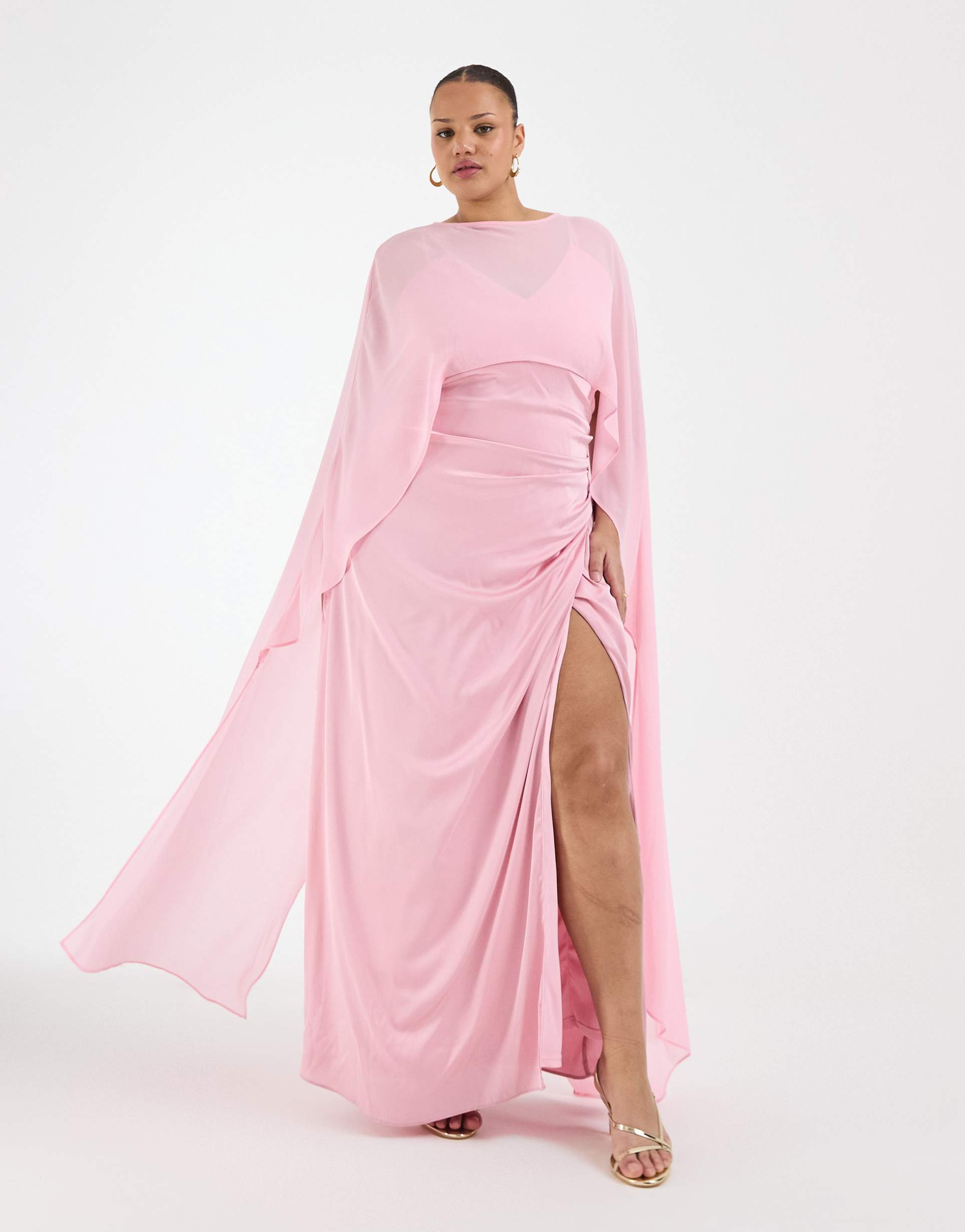 tfnc plus bridesmaids satin cape detail maxi dress in pink