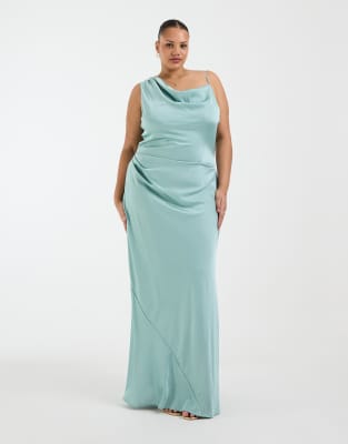 Tfnc Plus Bridesmaids Satin One Shoulder Maxi Dress In Green
