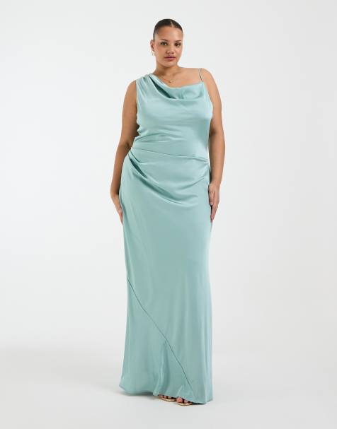 TFNC Plus Bridesmaids satin one shoulder maxi dress in aqua - view 1