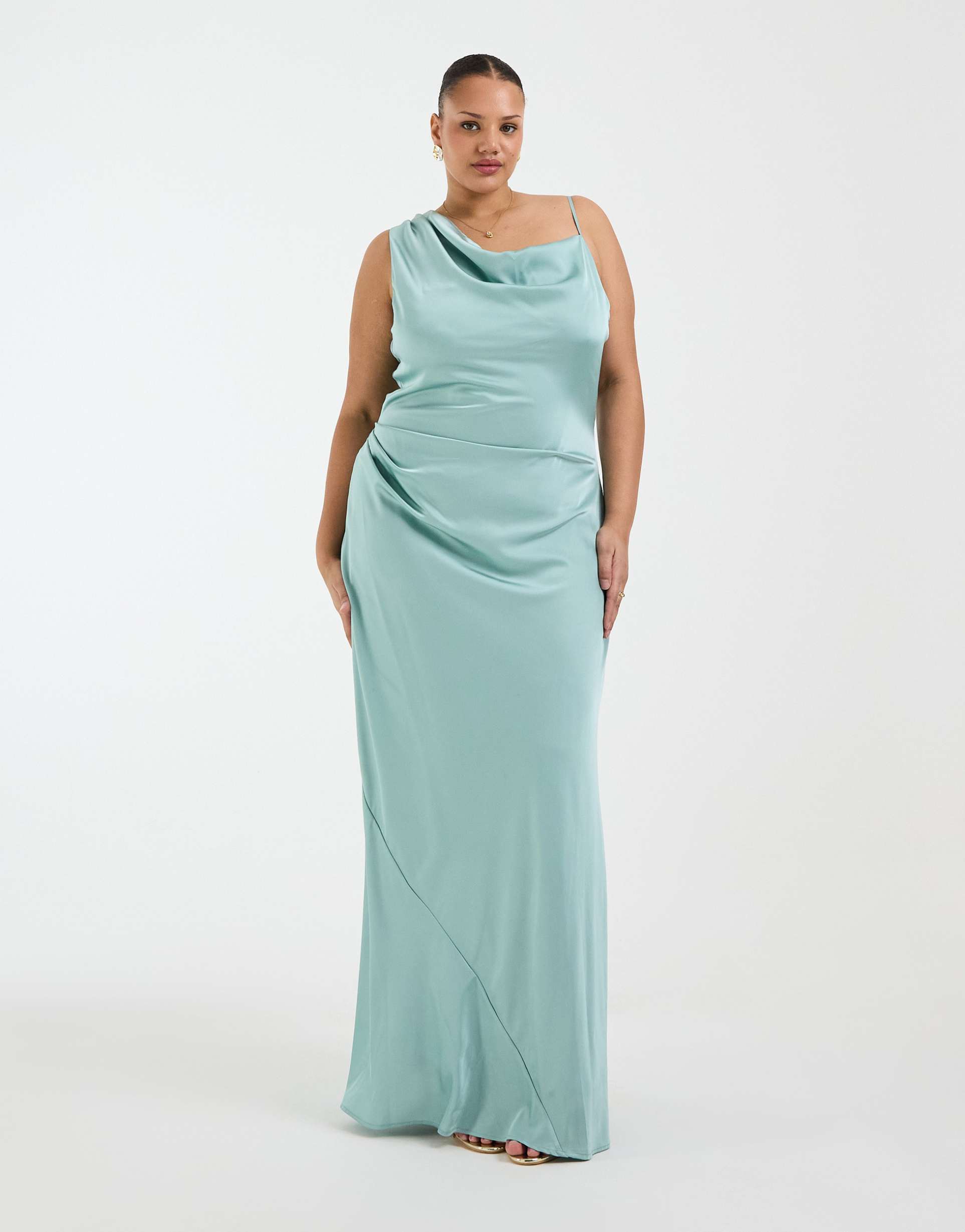 tfnc plus bridesmaids satin one shoulder maxi dress in aqua