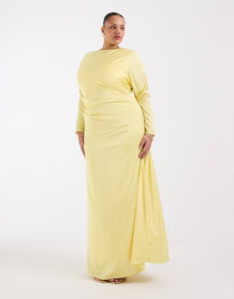 TFNC Plus Bridesmaids satin side drape detail long sleeve maxi dress in lemon