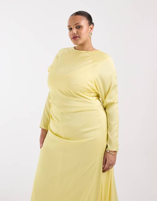 TFNC Plus Bridesmaids satin side drape detail long sleeve maxi dress in lemon, 3 of 4