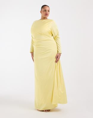 Tfnc Plus Bridesmaids Satin Side Drape Detailing Long Sleeve Maxi Dress In Yellow