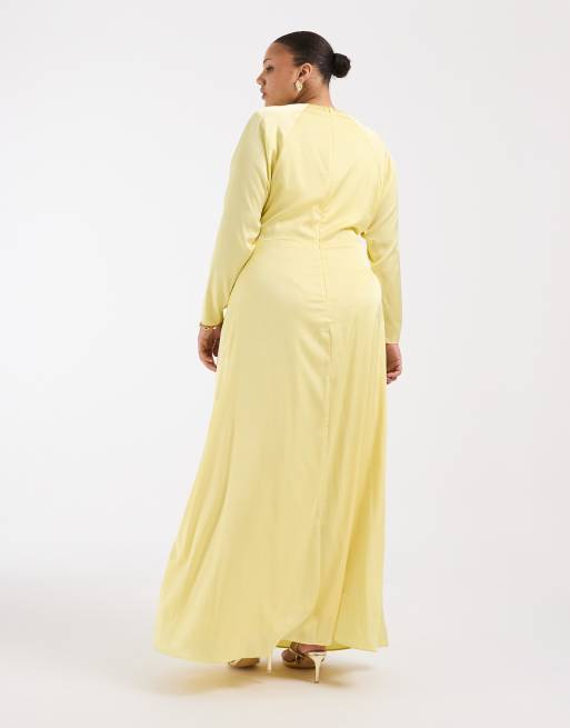 TFNC Plus Bridesmaids satin side drape detailing long sleeve maxi dress in lemon, 4 of 4