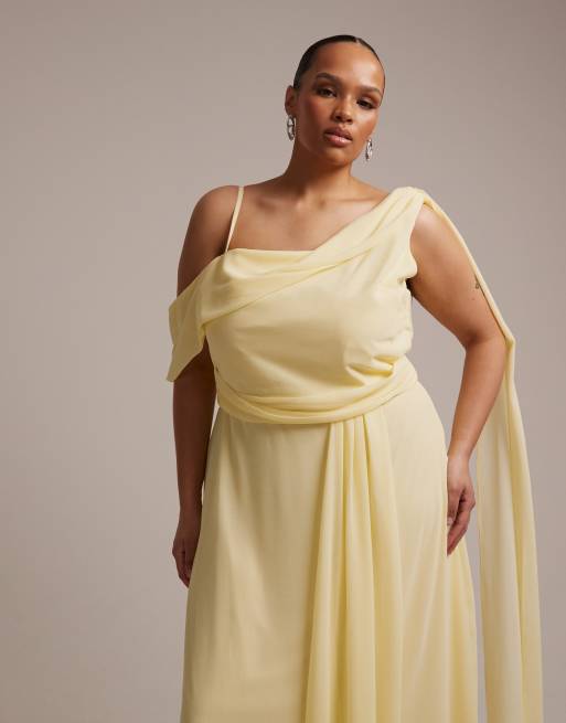 TFNC Plus - Brudepiger - Citrongul offshoulder-maxikjole i chiffon med draperet tørklædedetalje, 2 af 5