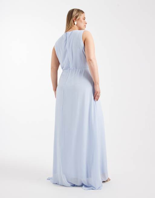 TFNC Plus - Brudepiger - Pudderblå maxikjole i chiffon med slå-om-top og draperinger, 4 af 4