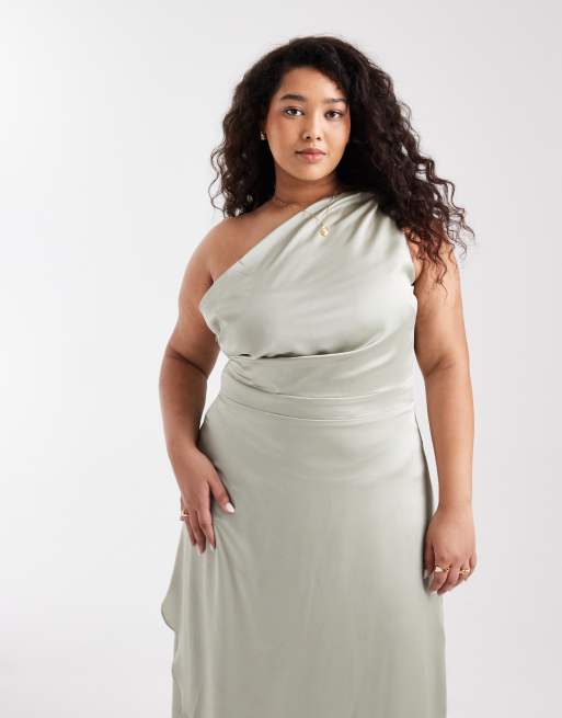 TFNC Plus - Brudepiger - Salviegrøn oneshoulder-maxikjole i satin med slå-om-nederdel, 3 af 4