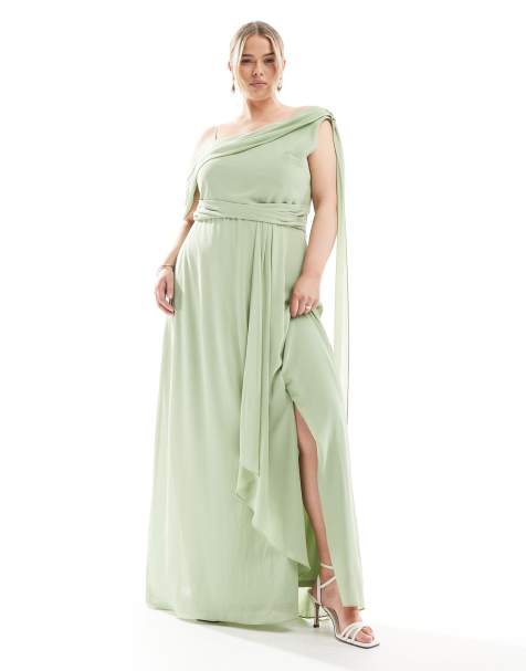 TFNC Plus - Brudepiger - Salviegrøn oneshoulder-maxikjole med slå-om-nederdel og drapering - view 1